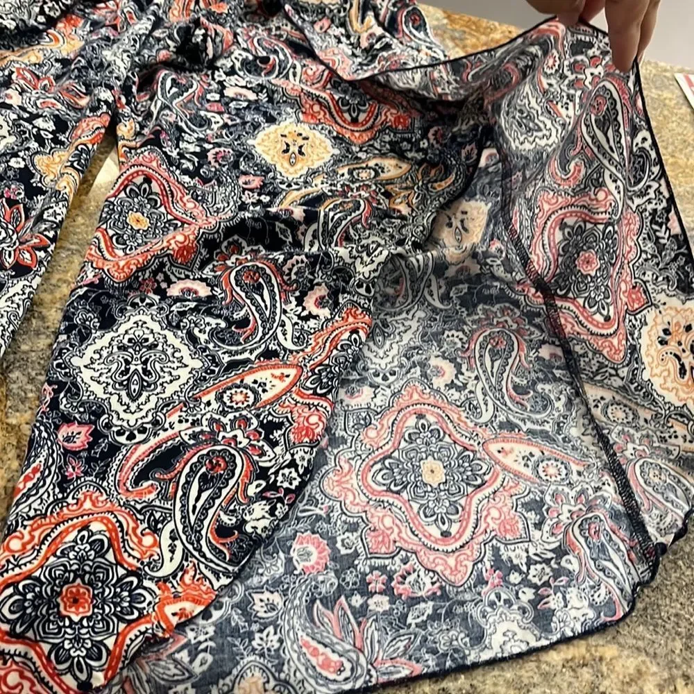 Rue Juju Womans Pettite Large casual Pants boho Beachy Asymmetrical Paisley